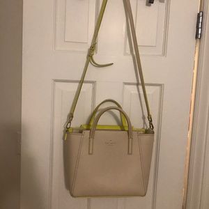 Kate Spade leather tan with neon yellow detail- medium satchel bag